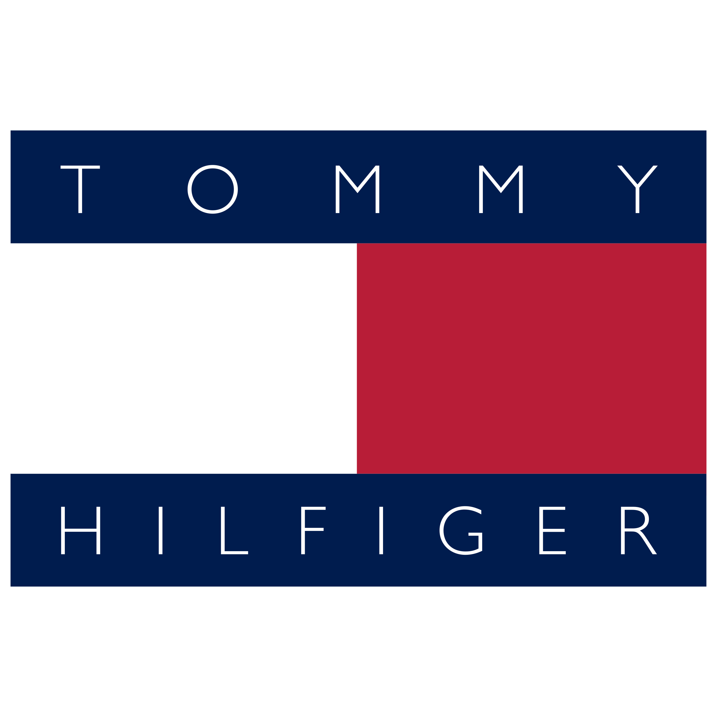 The Tommy Hilfiger logo, a rectangular design with a large horizontal white stripe over a red stripe, both on a dark blue background. The words 'TOMMY' and 'HILFIGER' are written in white, clean font above and below the stripes respectively.